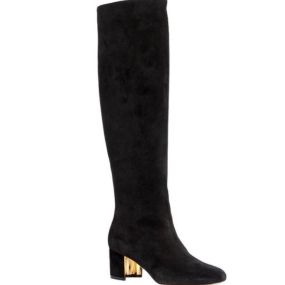 AUTH NIB Salvatore Ferragamo $1,490 Black Suede Gold Heel Vetto Boot US8C